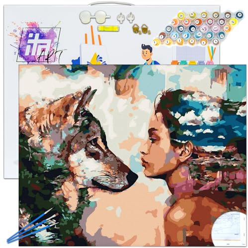 ITA Art Peinture par numéros Kit Complet avec châssis, peintures acryliques, pinceaux, Accessoires, boîte Cadeau - Kit de Peinture DIY avec Toile, 30x40 cm, La Fille et Le Loup