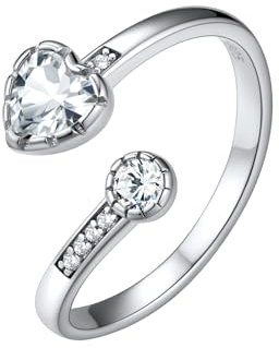 Silvora Schlichter Zirkonia Fingerring 925 Silber Verstellbarer Offener Diamant Damen Silberring 2mm breit Herz Geburtsstein Freundschaftsring Hochzeitsring Ringgröße 52 (16.5)-62 (20)