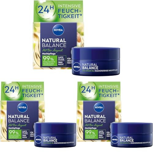 NIVEA Natural Balance regenerierende Nachtpflege (50 ml), Feuchtigkeitsscreme mit Bio Arganöl, Jojoba- und Mandelöl, pflegende Nachtcreme für jeden Hauttyp (Packung mit 3)