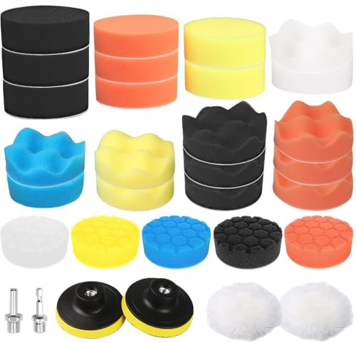 ZZQVIP 80 mm Tamponi Lucidatura Auto, 32 PCS Kit Lucidatura Auto con Adattatori per Trapano M10, Tamponi Lucidatura Auto in Lana per Lucidare e Cerare Auto, Bellezza e Manutenzione