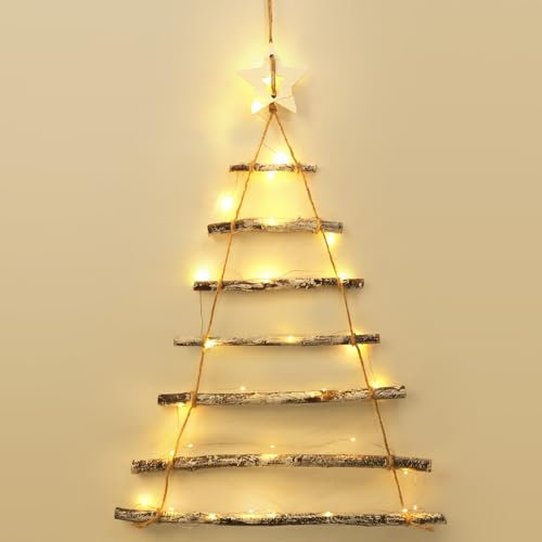 KUPITM6 Holzleiter Tannenbaumm, Wanddeko Weihnachten Holzstrickleiter, Weihnachtsbaum Leiter zum Aufhängen Adventskalender Deko, Holz Baum Weihnachtsbaum Hängedeko für DIY Heimdekoration