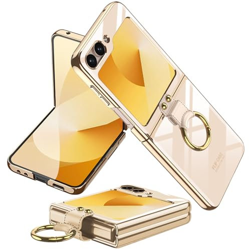 Miimall for Samsung Galaxy Z Flip 7 FE/Z Flip 6 Case, Flip7 FE Case with Ring Holder, Hard PC Electroplated Clear Thin Slim Fit Shockproof Bumpe Protective Cover for Galaxy Flip6-Champagne
