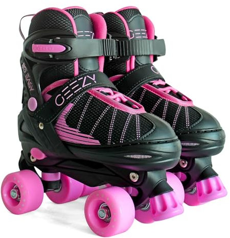 4 Wheel Adjustable Quad Roller Skates Kids Boots Childrens Rollerskates - Pink, Purple, Blue or Red (Pink/Black, Small/UK 11-1/)