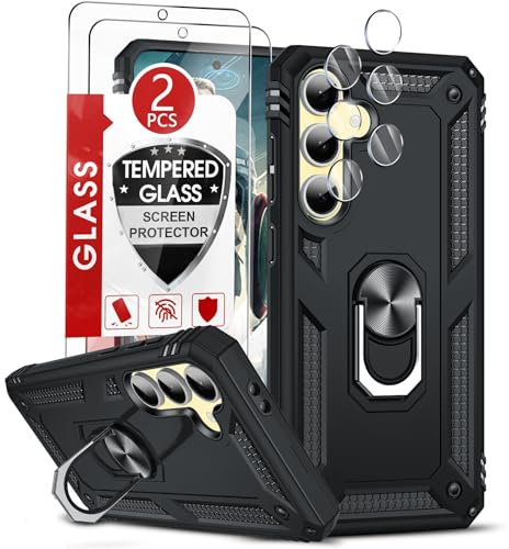 LeYi Cover per Samsung S24 FE Custodia con 2 x Pellicola Vetro Temperato +2 x Protezione Fotocamera, Militare 360° Anello Supporto TPU Bumper Antiurto per Telefono Galaxy s24 fe, Nero