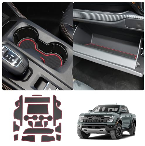 LUWU Kompatibel mit Ford Ranger T9 2023 2024 2025 Raptor Wildtrak XLT Gummimatten Mittelkonsole Antirutschmatten rutschfest Becherhalter Gummimatte Armlehne Ranger T9 Zubehör (Rot)