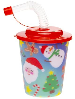 DUCKIEZ 3D Design Plastic Re-Useable Drinking/Sippy Cup. Comes with Straw and Lid. 250ml Capacity. (1 Cup, Christmas)