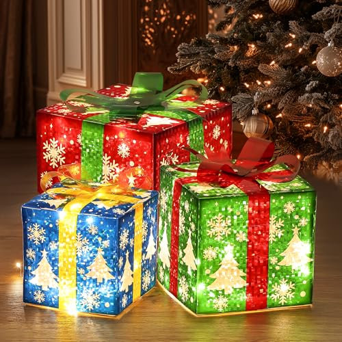 Light Up Present Boxes Christmas, FWLWTWSS 60 LEDs Christmas Decorations Parcels Lights 8 Modes, Ornament With Bow Christmas, Set of 3 Xmas Light Under Xmas Tree Luminous Outdoor Decorative Gift