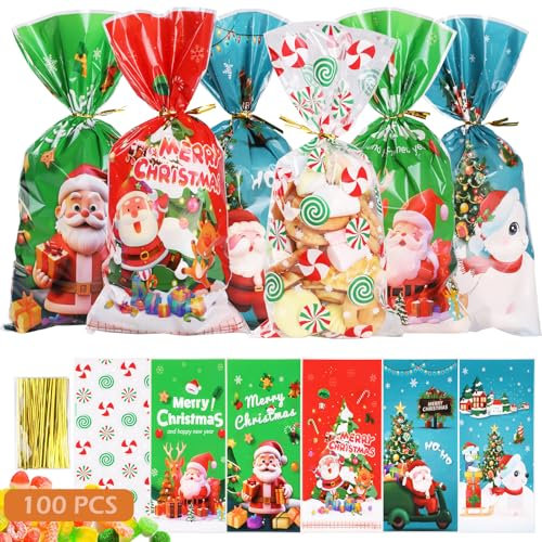 GeeRic 100 Piezas Bolsa de Dulces Navideños,Bolsas Regalo Transparentes de Copo de Nieve con 100 Lazos Retorcidos para Papá Noel, árbol de Navidad y estuche de regalo