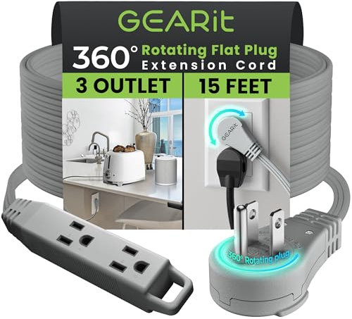 GEARit 360° Rotating Flat Plug Extension Cord with 3 Outputs 3 Outputs Grey 16AWG/13A 3 Pin Cable Energy Saving for Home Office Bedroom Room
