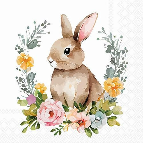 20 Servietten Ostern Hase hinter Blumenkranz als Tischdeko. Papierservietten mit Motiv. Auch für Decoupage und Serviettentechnik 33x33cm