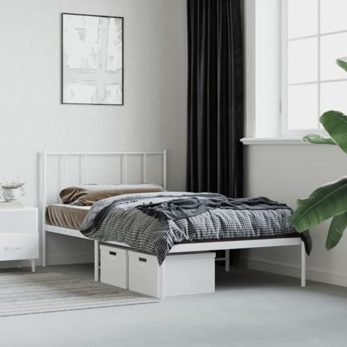 Myheimly Bettgestell, Bettrahmen mit Kopfteil Fußteil, Metallbett Bett mit Lattenrost, Doppelbett Gästebett Schlafzimmer, Metall Weiß,mit Kopfteil,80 x 200 cm