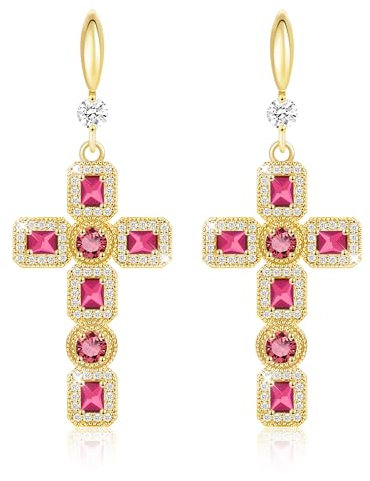 Linawe Boucles d'oreilles roses en forme de croix suspendue, boucles d'oreilles pour femmes, boucles d'oreilles en cristal et strass, bijoux tendance, boucles d'oreilles en métal doré