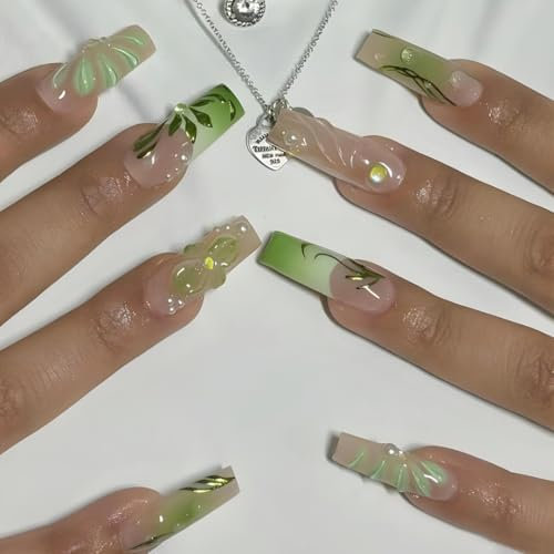 Green French Tip False Nails Long Coffin, SXVME Press on Nails Long Square with 3D Flower Design Leaf Pearl Full Cover Fake Nails Coffin Natural Glue on Nails Acrylic Stick on Nails for Women Nail Art