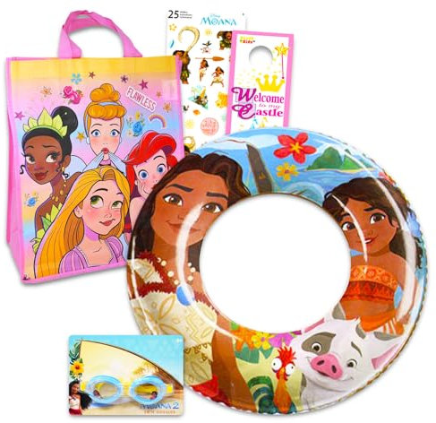 Ensemble de jouets de piscine Moana pour enfants – Ensemble cadeau Disney avec bouée gonflable, lunettes, sac fourre-tout, autocollants, et plus encore | Jouets de plage Moana pour enfants et filles