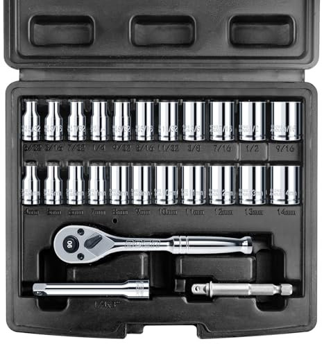 boen 25 Pieces 1/4 Drive Socket Set, SAE (5/32-9/16) & Metric (4mm-14mm), 6-Point, Shallow Sockets with Ratchet, Extension Bars and Storage Case,Cr-V Steel