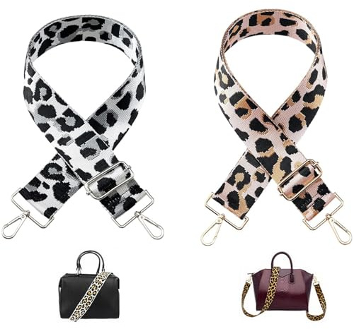 Lot de 2 sangles de sac léopard réglables, 75 à 145 cm, noir/blanc et rose, pour sacs à main et sacs à bandoulière