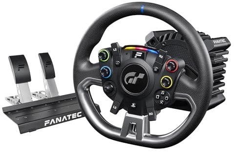 FANATEC Offiziell Lizenziertes Gran Turismo DD Pro PlayStation Sim Racing Lenkrad, Basis und Pedale – Lenkraddesign Polyphony Digital, 5 Nm FluxBarrier-Direct-Drive, Zwei-Pedal-Set für PC, PS5, PS4