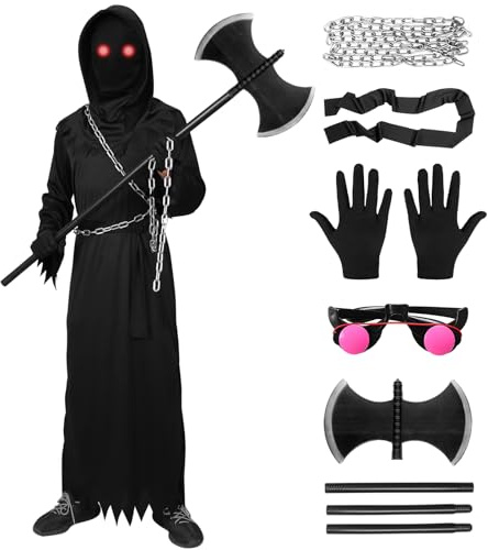 Harsever Sensenmann Cosplay Kostüm Kinder Halloween Kostüm Set Kostüm Reaper Robe mit Kette, Sense, Tod Kostüm Set Halloween Dress Up Party (Stil C, 135CM)