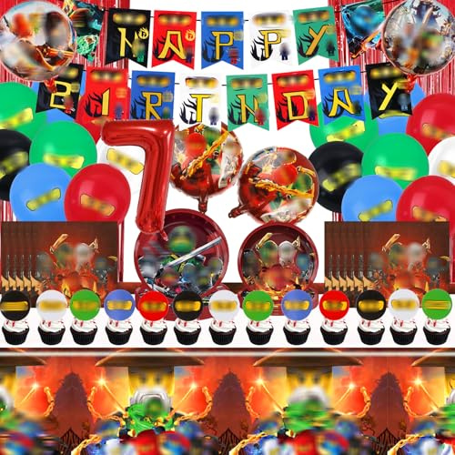 88 Stück Nija Geburtstagsdeko, Partygeschirr Pappteller Kindergeburtstag 7th Party Teller Becher Ballon Geburtstag Deko für 10 Personen
