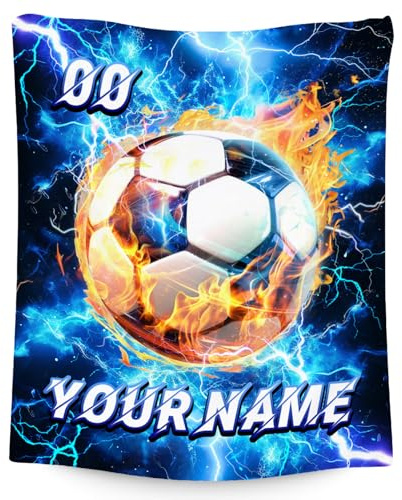 Fußballdecke – Personalisierte Fleecedecke mit Namen für Jungen und Jugendliche – Individuelle Flanelldecke mit Sportmotiv – Weiche, kuschelige und warme Sofa-/Bettdecke (4 Größen)