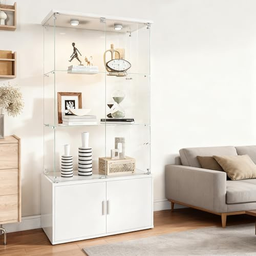 MIOOSUT Vitrine aus Glas, 3 Regale, Vitrinenschrank mit LED-Lichtern, mit Schloss und verstecktem Stauraum, für Schlafzimmer und Wohnzimmer (weiß, 78,5 x 35 x 164 cm)