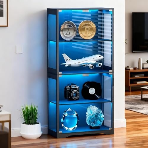 Generisch LED Standvitrine mit Acrylglas mit Bewegungssensor – Automatisches EIN/Ausschalten Licht, 4-Ebenen Glasvitrine für Sammlerstücke, Modelle & Dekorationen (Wohnzimmer/Hobbyraum)