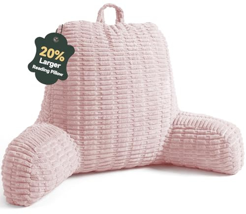 MEREZA Reading Pillow for Bed Adult, Extra Large Back Support Pillow with Arms, Soft Corduroy Cuddle Cushion for Bed Sofa Chair, TV Watching Gaming Relaxing Working Pink