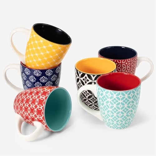 DOWAN Coffee Mugs Set of 6, 350ml (12 oz) Ceramic Coffee Mugs, Colourful Patterned Mug Set for Coffee, Tea, Cappuccino & Latte