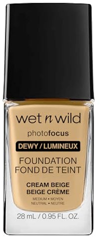 Wet n Wild Photo Focus Dewy Foundation, Flüssiges Make-up Feuchtigkeitsspendend Normal/Trocken, Kein Flashback, Strahlendes Finish Aufbaubar, Cream Beige