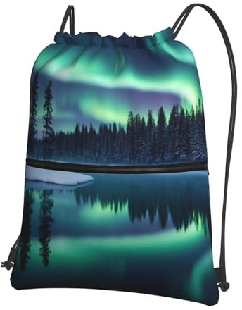 SMAZDFXX Damen- und Herren-Rucksack mit Kordelzug und Reißverschlusstasche im Nordlicht-Design