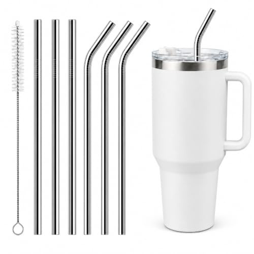 6PCS Pailles en Acier Inoxydable 30cm, Paille Reutilisable, Lot avec Modèles Droits et Coudés, Brosse de Nettoyage pour Gourde, Tumbler, Verre Haut, Smoothie, Jus et Café