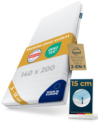 sun garden Matelas pour Enfant 140 x 200 cm, 3 à 12 Ans, fabriqué en Europe | système évolutif 2-en-1 pour lit d'enfant et lit d'adolescent, certifié Oeko-Tex et Dermatest - Très bien, RG28 de 15 cm