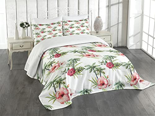 ABAKUHAUS Hawaii Tagesdecke Set, Palmen Hibiscus, Set mit Kissenbezügen Sommerdecke, für Einzelbetten 170 x 220 cm, Reseda Grün Hellrosa Rubin