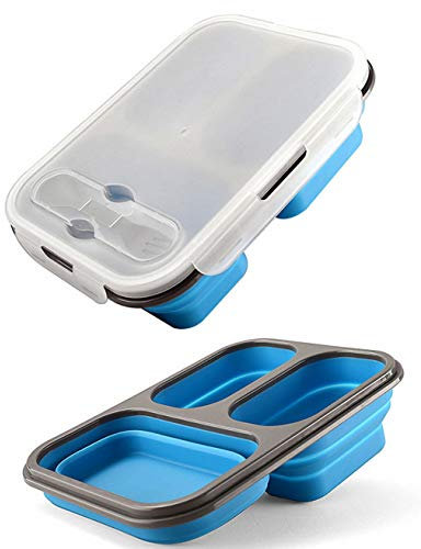 Ulalaza Silicone Collapsible Bento Storage Lunch Food Container Box for Microwave Freezer Dishwasher Safe BPA Free 3 Compartments