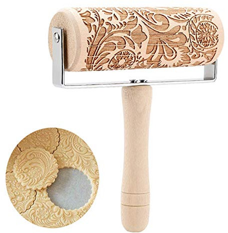 WSGFPO Hölzerner Nudelholz Muster Nudelholz Graviert Prägewalze Weihnachten Teigroller aus Holz Teigroller Holz Elch Natürlicher Sicherer Hölzerner Rollenstift mit klassischem Muster (1 Stück)