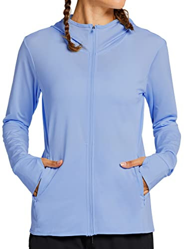 MASKERT Damen UV Shirt Sonnenschutz Hoodie Laufshirt Langarm Full Zip Funktionsshirt Wandershirts Sportshirt Running mit Taschen Outdoor Jacke UPF 50+, Lavendelblau M