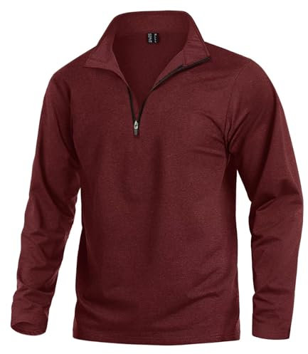 KEFITEVD Sport Pullover Herren mit 1/2 Zip Laufshirt Fleece Wander Jogging Oberteil Fahrrad Bekleidung Männer Outdoor Langarm Shirt Funktionsshirt Weinrot S