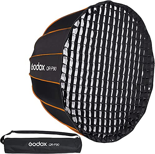 GODOX QR-P90 Softbox Parabolico con Sgancio Rapido 90cm,Griglia a Nido d'ape per Flash da Studio con Attacco Bowens,Flash da Studio,Diffusore ad Ombrello