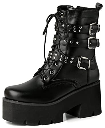 Damen Plateau mit Blockabsatz High Heels Stiefeletten Gothic Punk Leder Niet Knöchelriemen Schnalle Schnürstiefeletten,Schwarz,46 EU