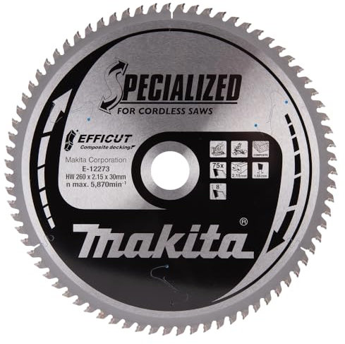 Makita E-12273 EFFICUT Composite decking Kreissägeblatt Ø 260 x 2,15 x 30 mm, 75 Zähne, 8° Zahnwinkel, für Akku-Kapp- und Gehrungsssägen
