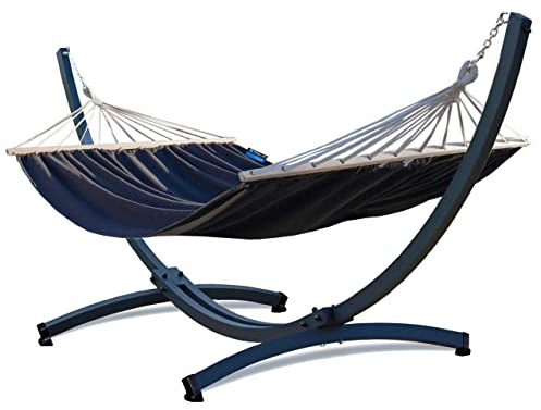 Potenza Outdoor Hängematte mit Tytan Gestell für 2 Personen I Stabhängematte XXL 220x160, 200kg I Hängemattengestell 350 kg Wetterfest (Grau, Basic Gestell Graphit)