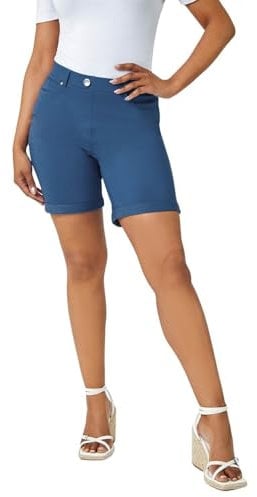 Roman Originals Stretch Shorts for Women UK Ladies Pull On Turned Hem Cut Off Bengaline Mom Boyfriend Boy Denim Casual Cropped Pants Capri Slim Fit Turn Up Summer Crops Mother - Petrol Blue - Size 12