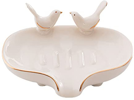 LEMCC Selbstentleerende Seifenschale, weiße Keramik, Seifenhalter mit Vögeln, nordischer Stil, für Badezimmer, Dusche