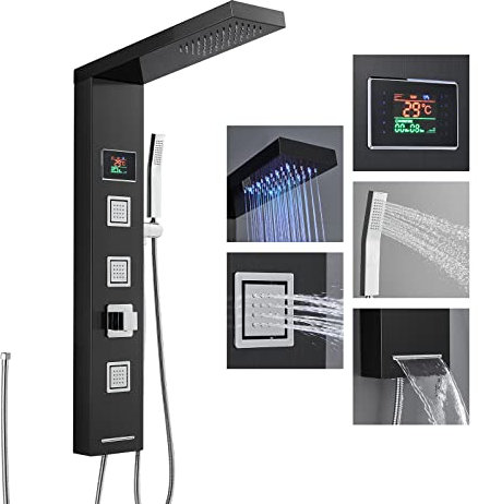 ROVOGO Panneau Colonne de Douche Hydromassante Led sans Robinetterie, 5 Fonctions: LED Douche Pluie, Jet de Massage, Douchette, Bec Bain déverseur et Affichage de La température, Acier Inox 304, Noir