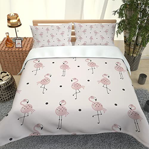 Bettwäsche 135X200 3 Teilig (1 Bettbezug Und 2 Kissenbezüge) Bettwäsche Set Kinder 3D Rosa Cartoon-Flamingo Druck Weiche Microfaser Bettbezüge Mädchen Biber Mit Reißverschlus