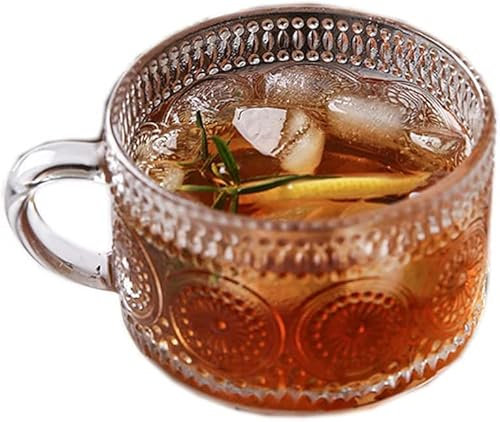 YJZQ Glas Kaffeeglas Vintage Teetasse mit Griff Geprägte Trinkgläser Espressotassen Romantische Glasbecher Sonnenblume Perlen Milchglas Klar Kristallglas für Cappuccino Latte Teegetränke