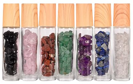 10ml Roller Bottles for Essential Oils, 7 Pcs Essential Oil Roller Bottles Refillable Glass Roll on Bottles with Gemstone Roller Balls & Crystal Chips Inside for Travel, Perfume and Lip Gloss