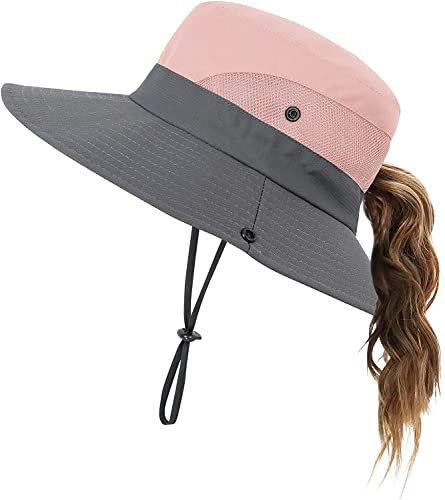 Uhky Damen Sommer Sonnenhut breite Krempe Outdoor UV-Schutz Hut Faltbarer Pferdeschwanz Bucket Cap für Strand Wandern (Rosa)