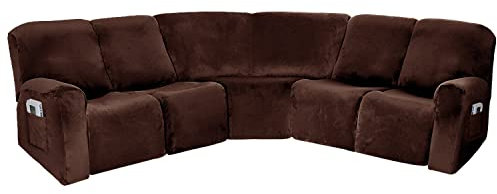 7-teilige L-förmige Sofabezug für 4-Sitzer und 1 Ecksitz, Samt, Stretch-Couchbezug für Liegeposition, L-Form, 5-Sitzer, Ecksofa, dick, weich (braun, Samt)