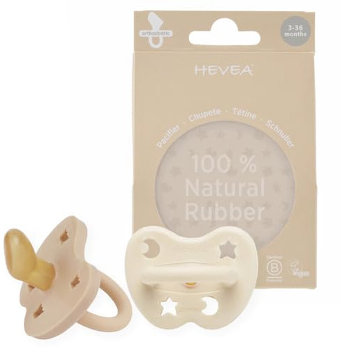 HEVEA Naturkautschuk Schnuller Kiefergerechte Form, 3-36 Monate - hygienisches einteiliges Design für Neugeborene bis Kleinkinder, BPA-frei, weich & langlebig - 2Pack (Milchweiß & Sand)